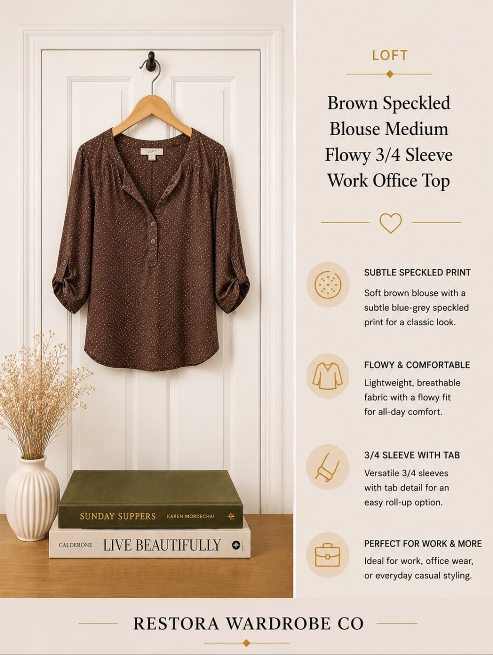 LOFT Brown Speckled Blouse Medium Flowy 3/4 Sleeve Work Office Top